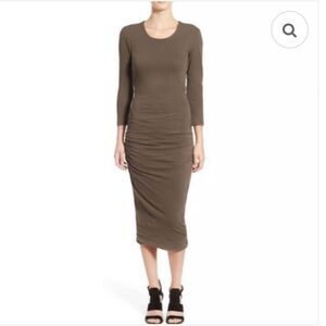 James Perse Midi Dress Bodycon Open Back  3/4 Sleeve Ruched Olive Green Sz L